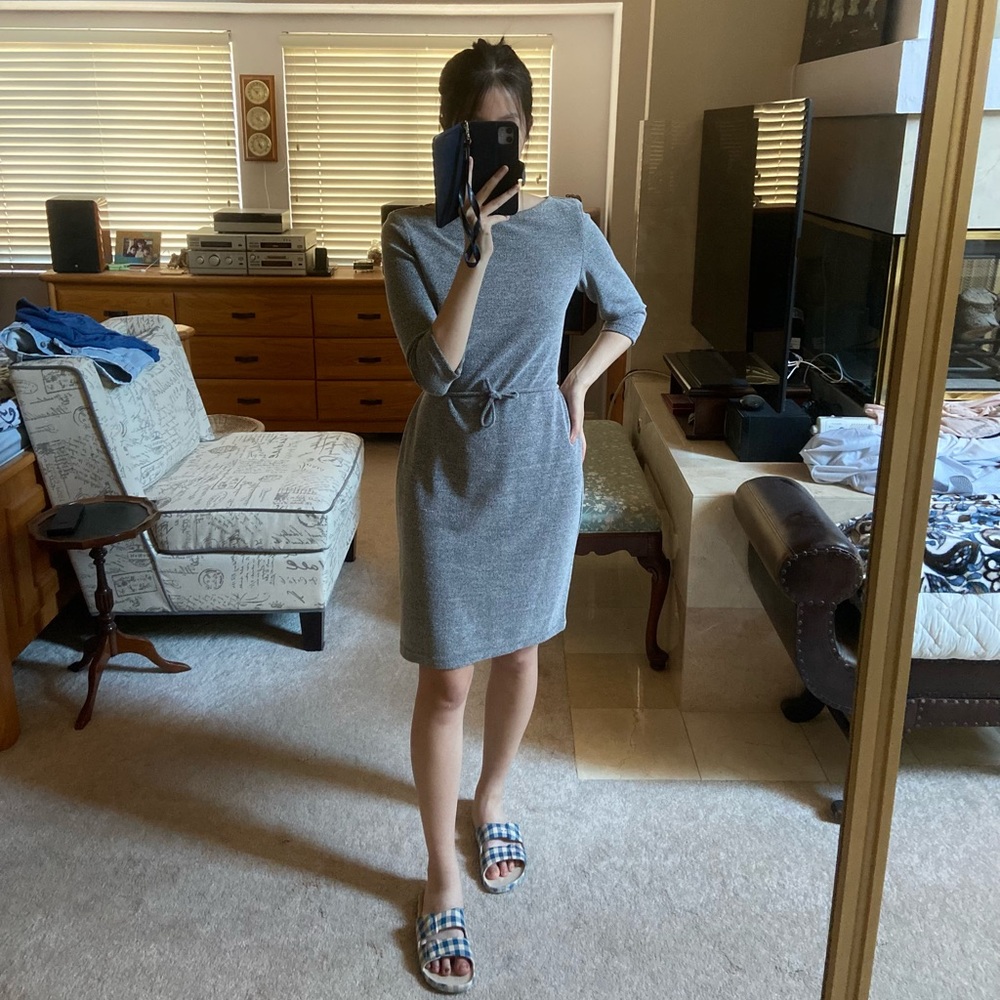 grey sheath work dress with tie belt detail